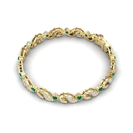 The Emerald & Diamond Swirl Link Bracelet - Elizabeth features an interlocking gold design with green gemstones and sections encrusted with white diamonds, beautifully displayed on a white background.