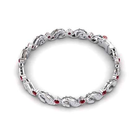The Ruby & Diamond Swirl Link Bracelet - Elizabeth features an intricate silver design with alternating sparkling white diamonds and red rubies in an elegant, looped pattern.