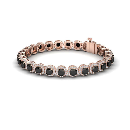 The Black & White Diamond Halo Tennis Bracelet - Isabella features round black stones each encircled by white diamond halos, all set in rose gold with a sleek clasp.