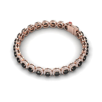 The Black & White Diamond Halo Tennis Bracelet - Isabella features alternating black and white diamonds in round settings, elegantly displayed in a circular arrangement on a white background.