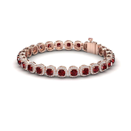 The Lab Grown Ruby & Diamond Halo Tennis Bracelet - Isabella features a rose gold design with square red lab-grown rubies, each encircled by sparkling white diamonds and finished with a secure clasp.