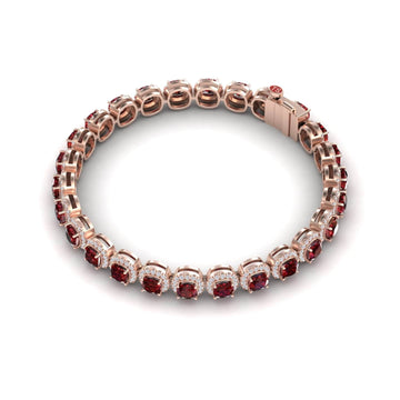 The Lab Grown Ruby & Diamond Halo Tennis Bracelet - Isabella features alternating round rubies and white diamonds in rose gold, set in a continuous loop with a box clasp, displayed on a white background.