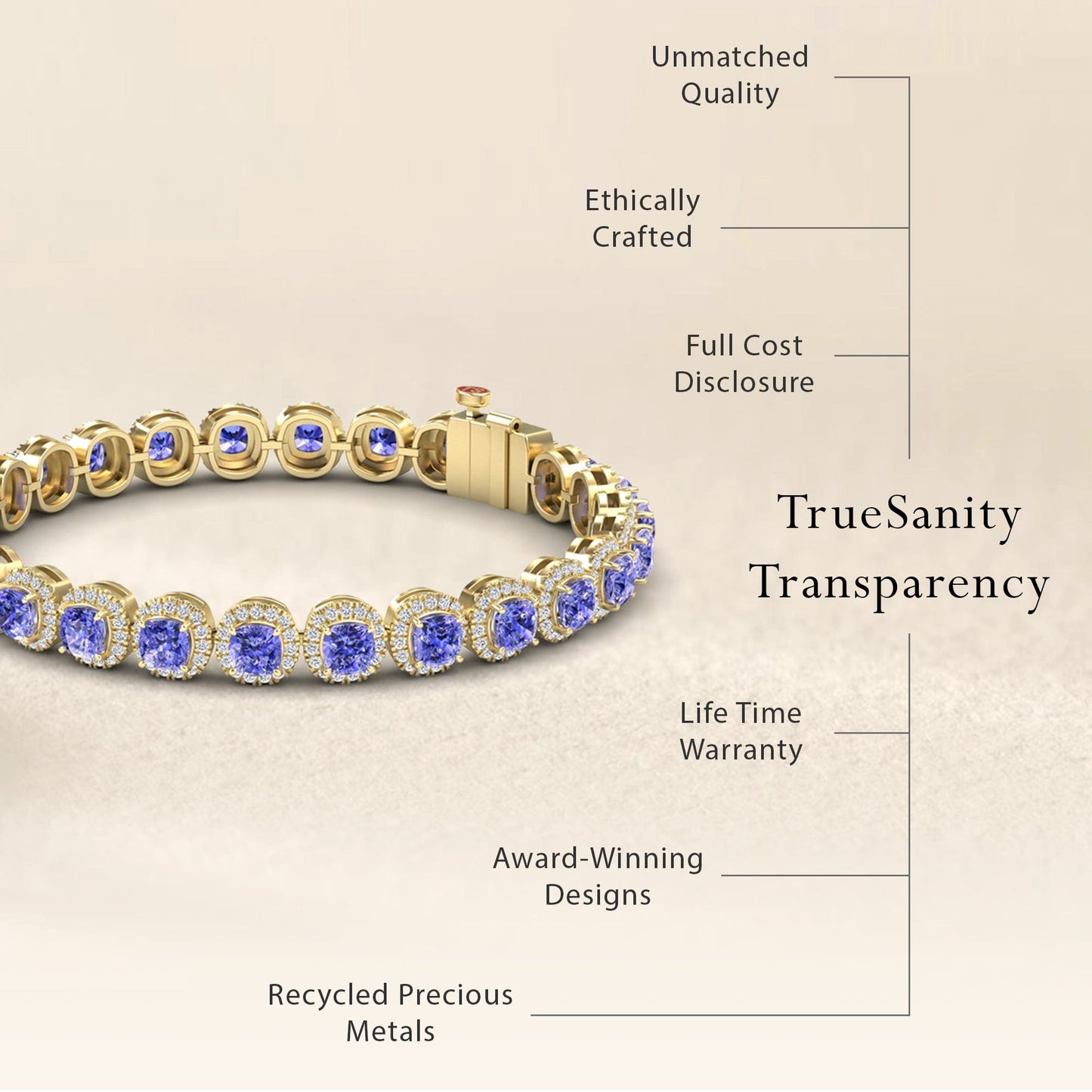 The Tanzanite & Diamond Halo Tennis Bracelet - Isabella is showcased on a beige background. Text highlights unmatched quality, ethical crafting, transparent pricing, lifetime warranty, award-winning design, and recycled precious metals.