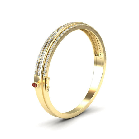 The Bold White Diamond Bangle: Unconventional Elegance - Amalia features two parallel rows of sparkling white stones, a secure clasp, and a distinctive small red circular detail near the hinge.