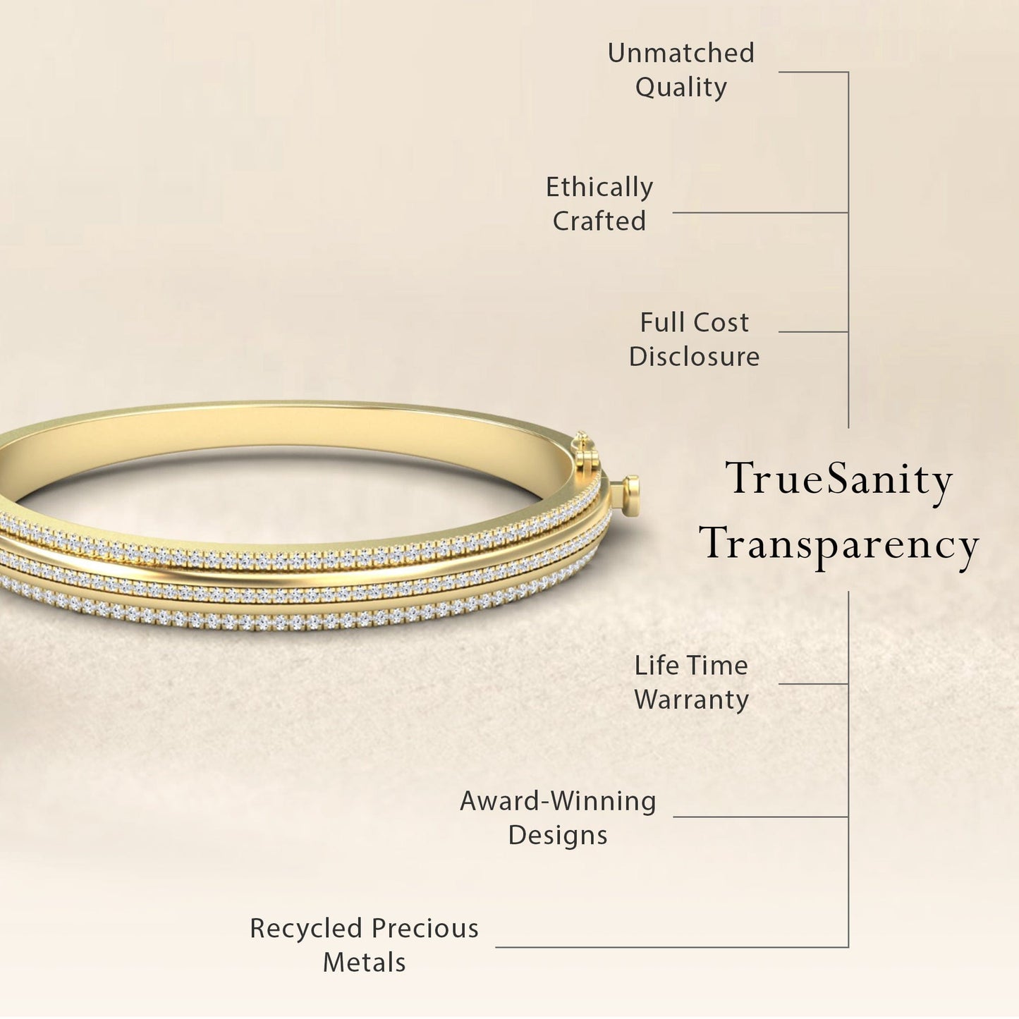 The Bold White Diamond Bangle: Unconventional Elegance – Amalia features unmatched quality, ethical crafting, full cost transparency, a lifetime warranty, recycled precious metals, award-winning design, and TrueSanity Transparency.