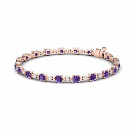 The Amethyst & Diamond Tennis Bracelet - Natalia features evenly spaced round purple gemstones set in rose gold prongs, displayed on a plain white background.