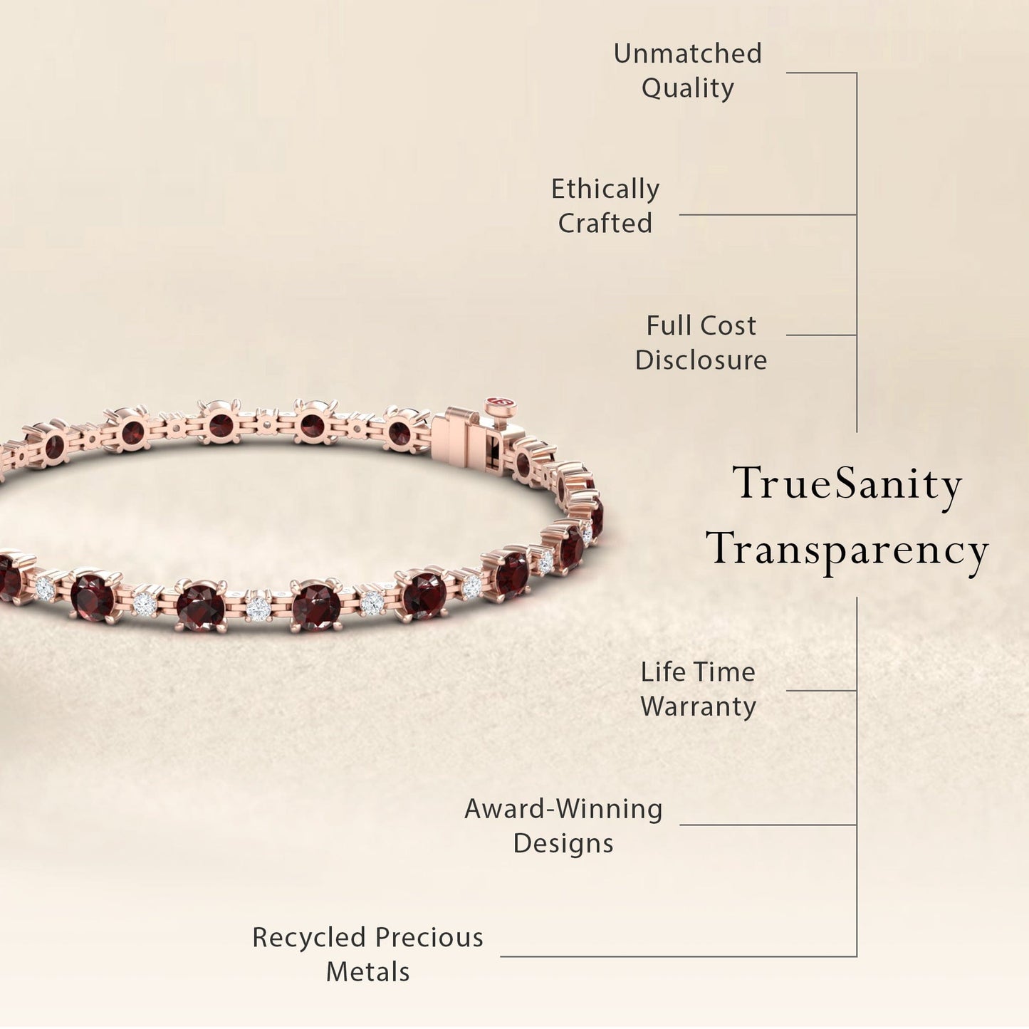 The Garnet & Diamond Tennis Bracelet - Natalia in rose gold features dark garnets and diamonds, unmatched quality, ethical craftsmanship, full cost transparency, lifetime warranty, award-winning design, and recycled precious metals.