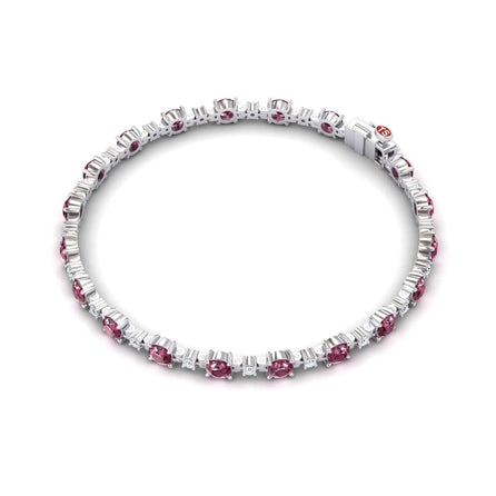 The Pink Tourmaline & Diamond Tennis Bracelet - Natalia showcases alternating round pink tourmalines and clear baguette-cut diamonds in a continuous, elegant circle with a secure clasp.