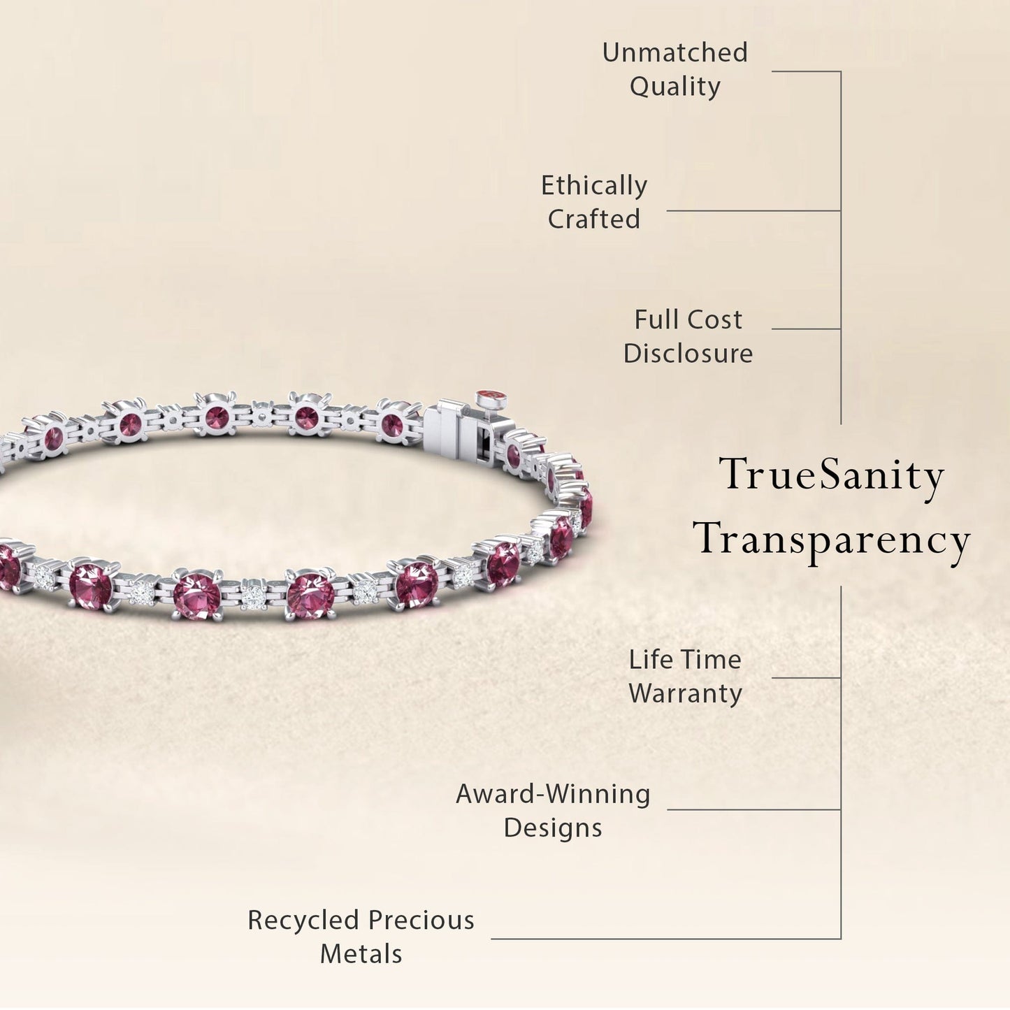 The Pink Tourmaline & Diamond Tennis Bracelet - Natalia is displayed on a beige background. Features include unmatched quality, ethical crafting, full cost transparency, lifetime warranty, award-winning design, and recycled precious metals.