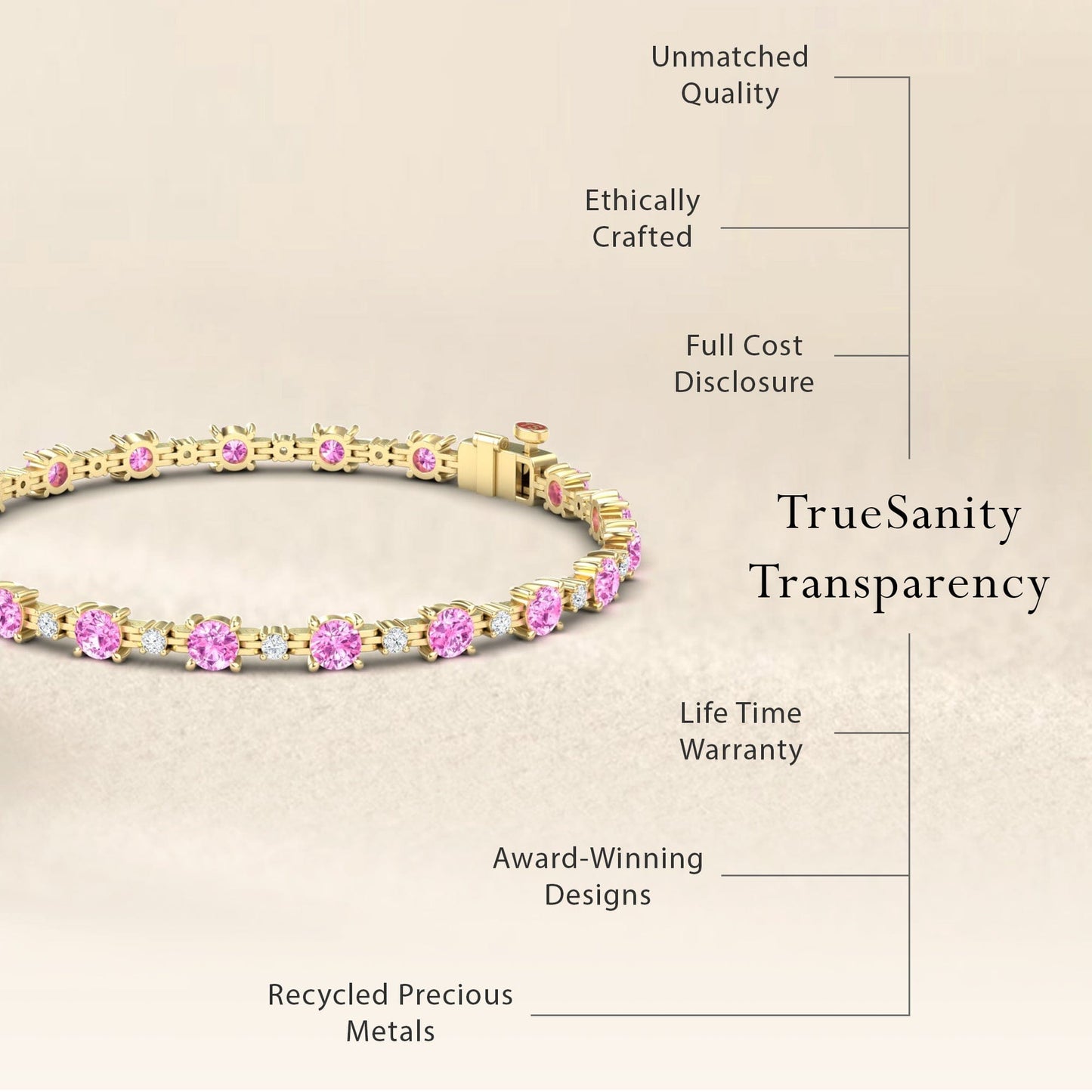 The Pink Sapphire & Diamond Tennis Bracelet - Natalia is displayed, with labels noting its unmatched quality, ethical crafting, transparent pricing, lifetime warranty, award-winning design, and use of recycled precious metals.