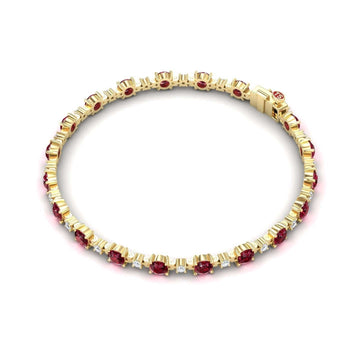 The Ruby & Diamond Tennis Bracelet - Natalia features alternating round rubies and small white diamonds in a symmetrical gold setting, secured with a clasp for an elegant, classic look.