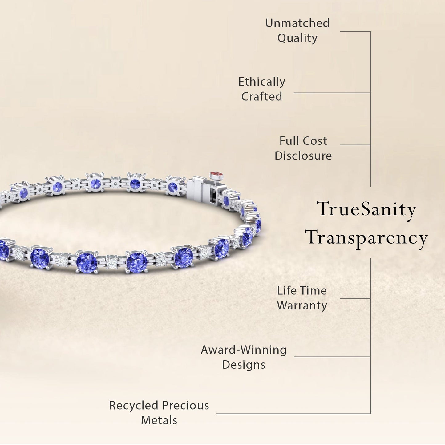 The Tanzanite & Diamond Tennis Bracelet - Natalia is shown, featuring unmatched quality, ethical craftsmanship, transparent pricing, a lifetime warranty, award-winning design, and recycled precious metals.