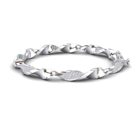 The White Diamond Twisted Bangle Bracelet - Dakota features a modern, elegant twisted design with alternating smooth and textured, glittering sections.
