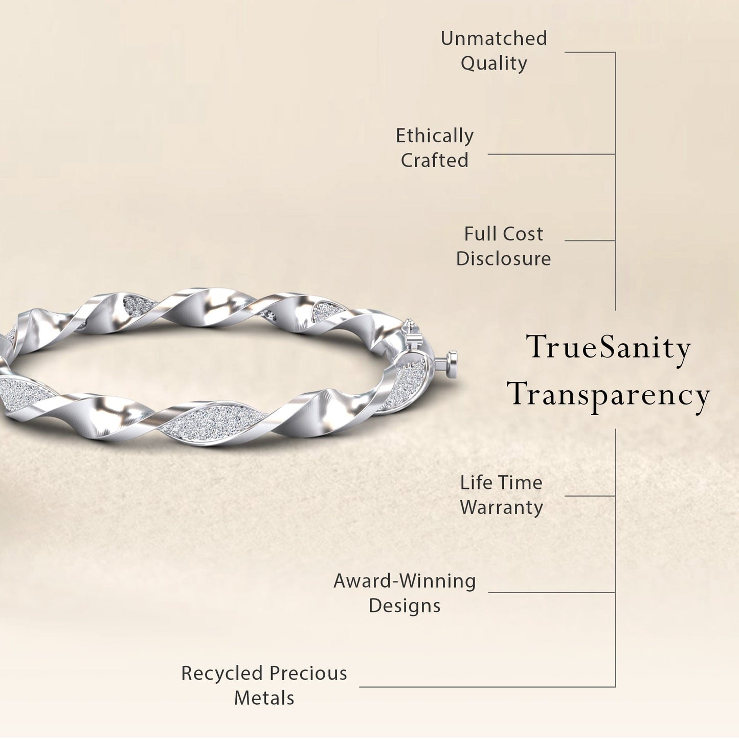 The White Diamond Twisted Bangle Bracelet - Dakota is pictured. Values beside it highlight: Unmatched Quality, Ethically Crafted, Full Cost Disclosure, Lifetime Warranty, Award-Winning Designs, Recycled Metals, and TrueSanity Transparency.