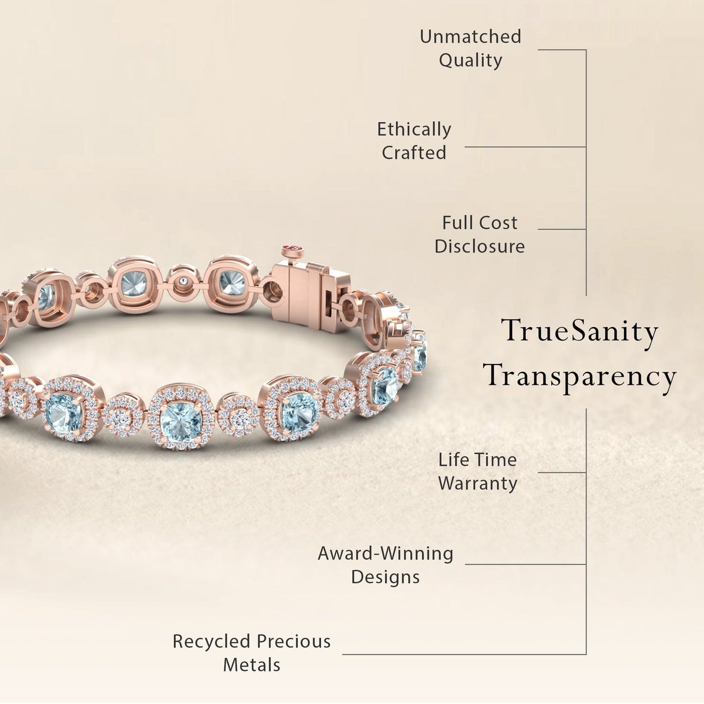 The Aquamarine & Diamond Tennis Bracelet - Erina is shown in rose gold, featuring diamonds and surrounded by text: unmatched quality, ethical crafting, full cost disclosure, lifetime warranty, award-winning design, recycled metals. TrueSanity Transparency at center.