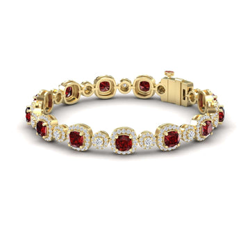 The Erina Lab Grown Ruby & Diamond Tennis Bracelet features alternating round and square settings with red rubies and clear diamonds in an elegant repeating pattern, secured with a clasp.