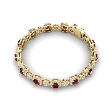 The Lab Grown Ruby & Diamond Tennis Bracelet - Erina features alternating round rubies and diamonds in gold, set in a continuous pattern with a secure clasp, shown on a white background.