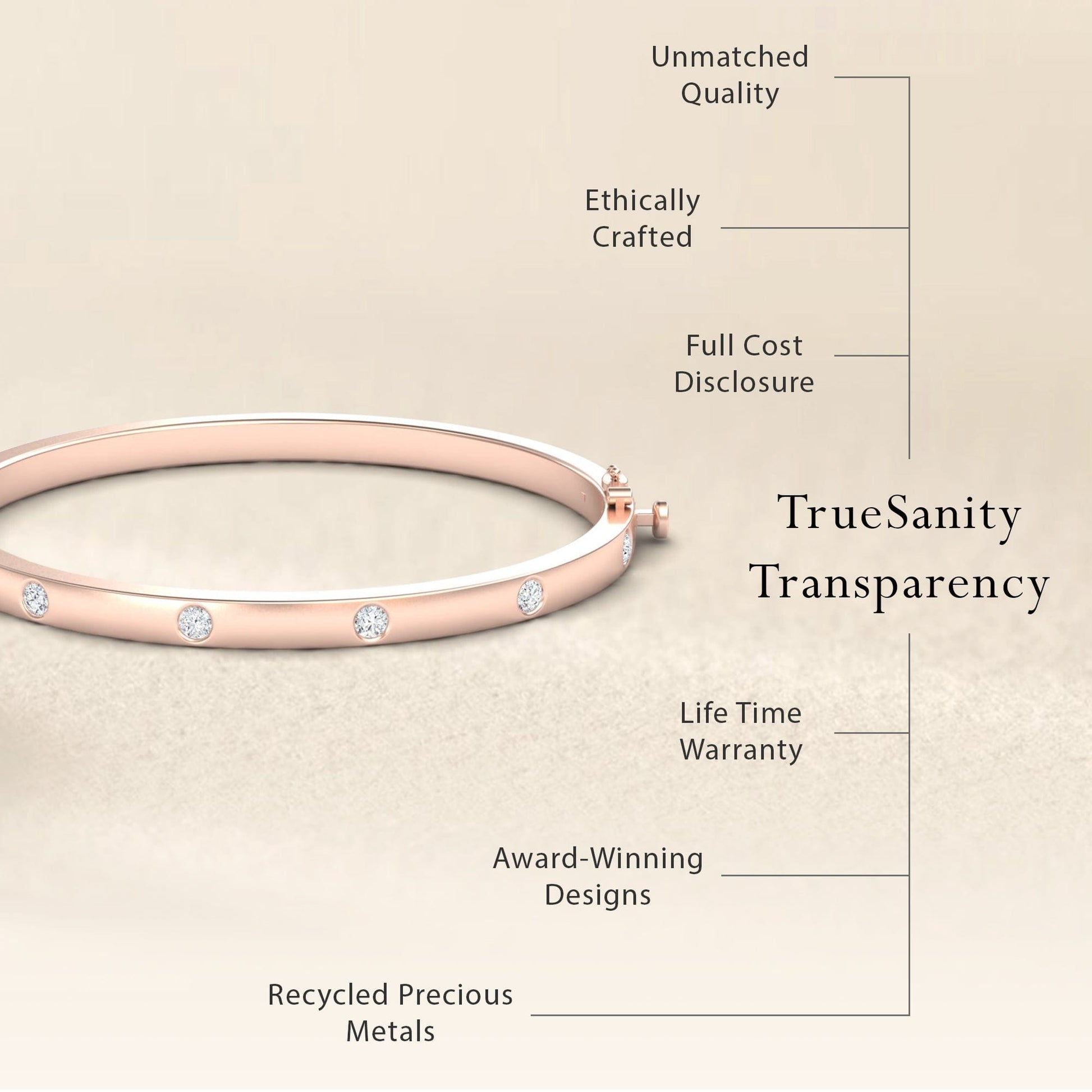 The Diamond Bezel-Set Bracelet - Flavia in rose gold with diamonds is displayed on beige. Features: Unmatched Quality, Ethically Crafted, Full Cost Disclosure, Lifetime Warranty, Award-Winning Design, Recycled Precious Metals.