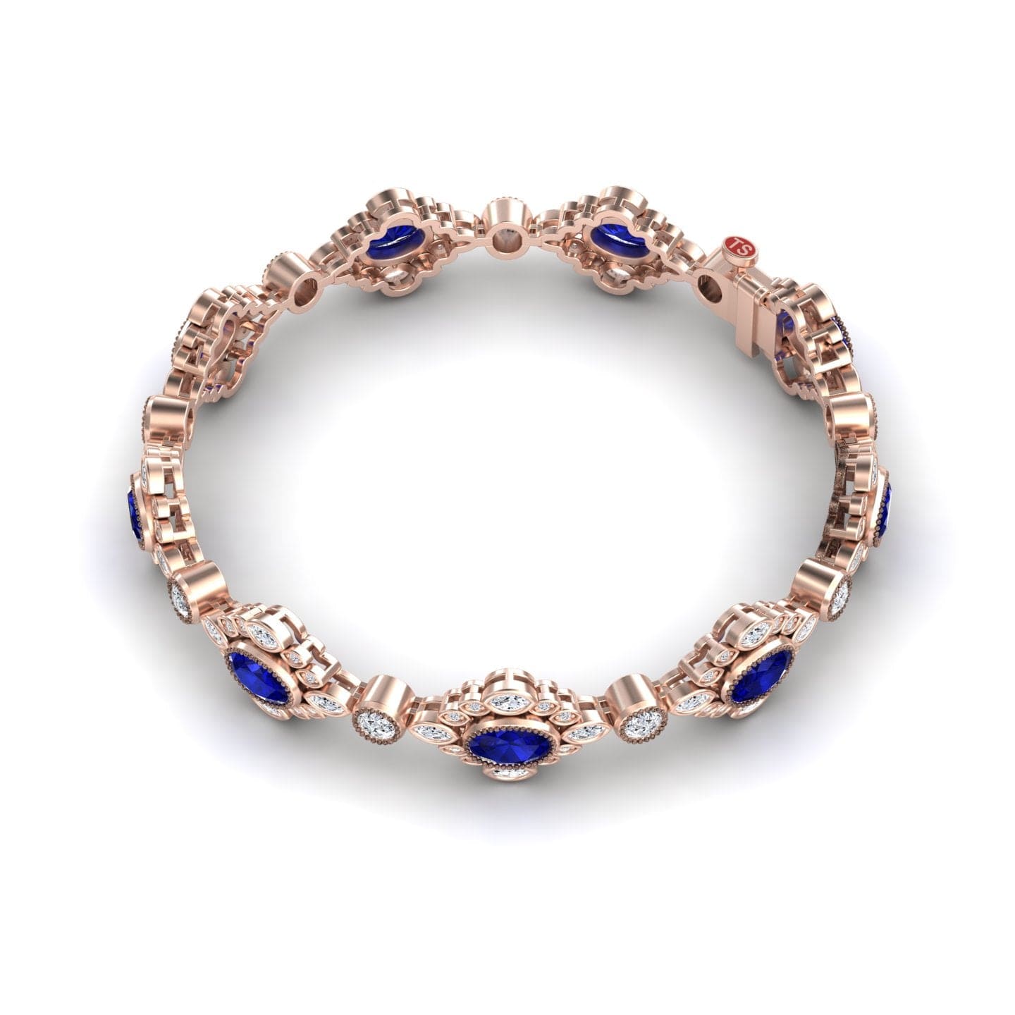 The Blue Sapphire & Diamond Vintage-Inspired Tennis Bracelet - Ariana showcases oval blue sapphires and round white diamonds in ornate rose gold links, elegantly displayed on a white background.