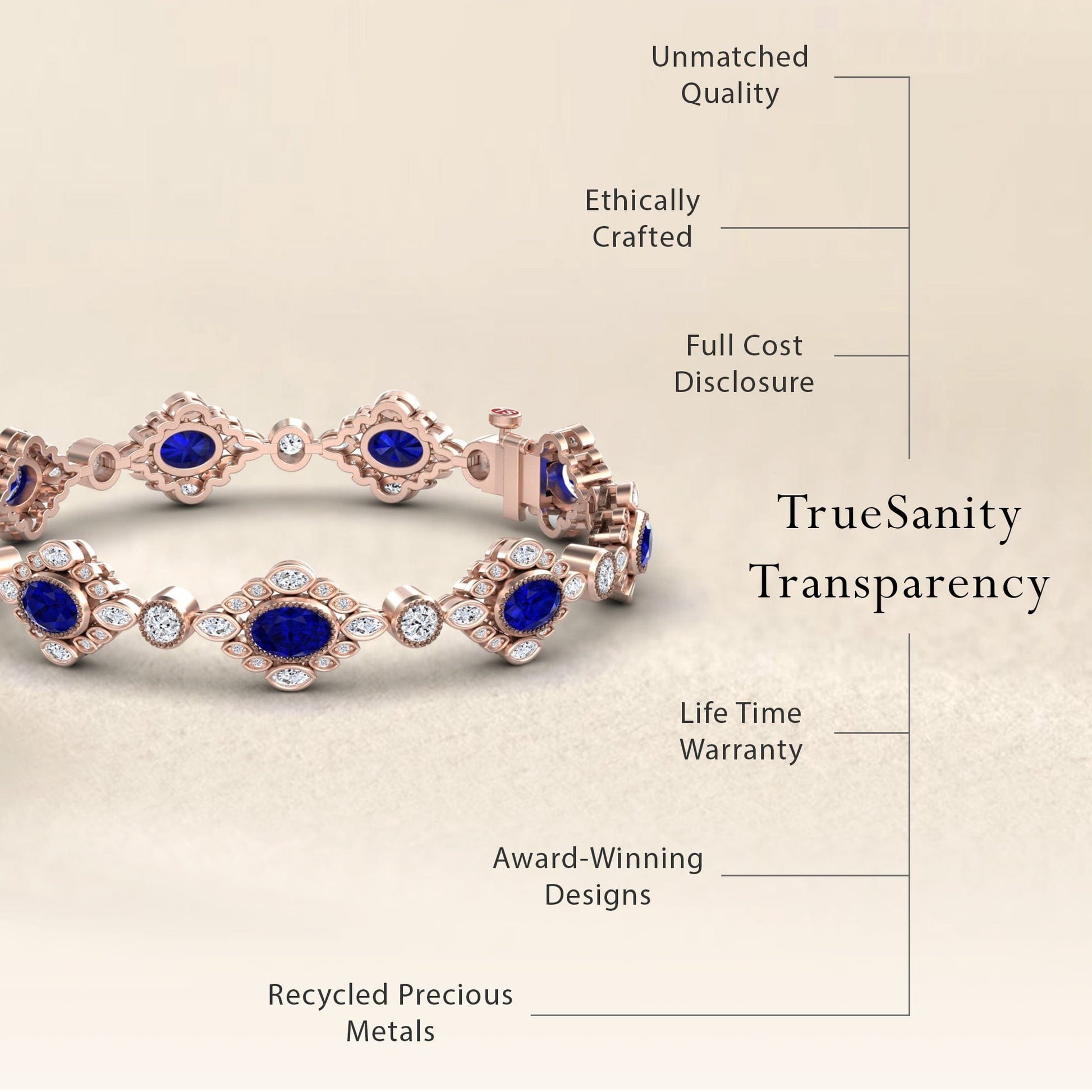 The Blue Sapphire & Diamond Vintage-Inspired Tennis Bracelet - Ariana is shown on a neutral background. Text spotlights TrueSanity Transparency: outstanding quality, ethical crafting, full cost disclosure, lifetime warranty, award-winning designs, and recycled metals.