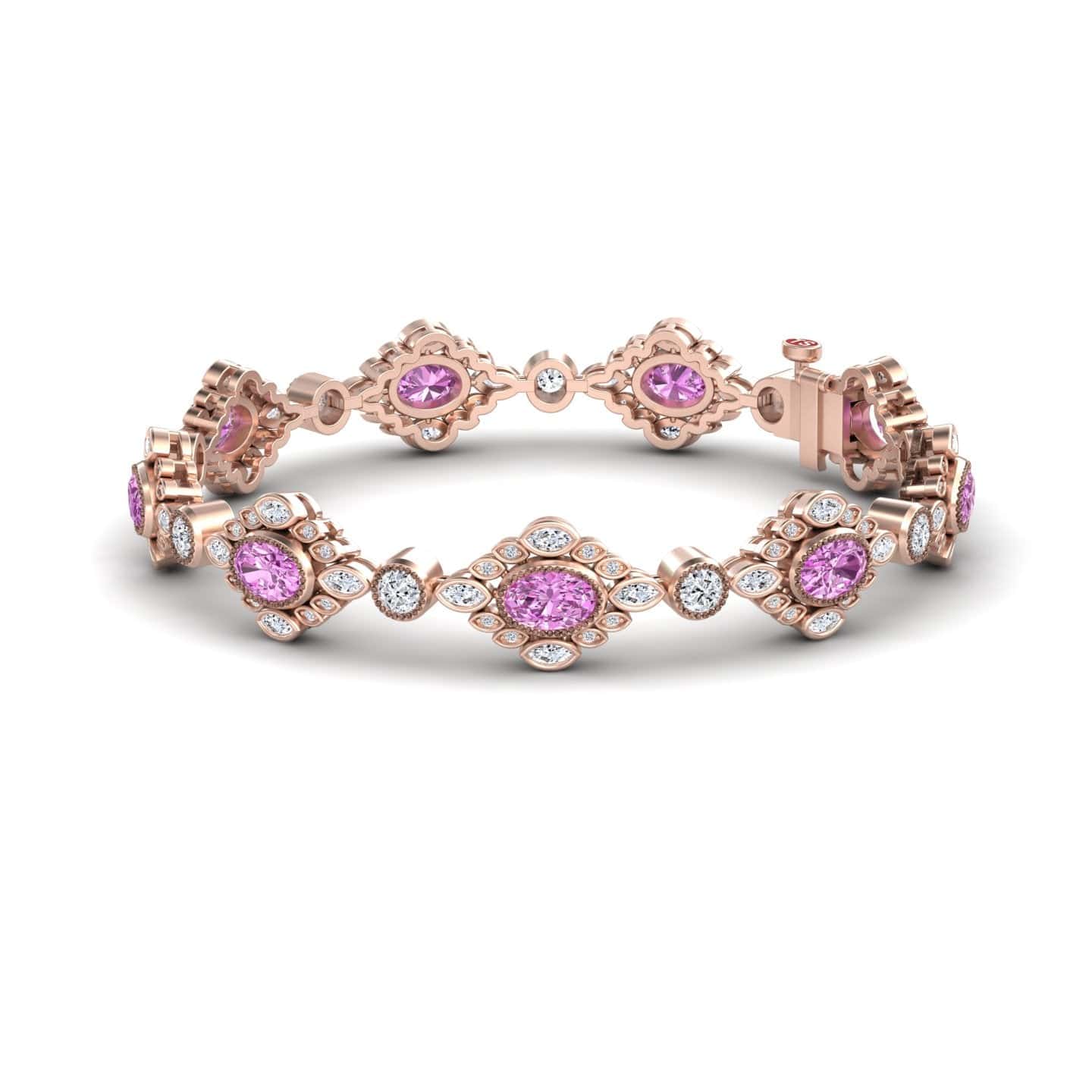 The Pink Sapphire & Diamond Vintage-Inspired Tennis Bracelet - Ariana features alternating pink sapphires and white diamonds in elegant, intricate settings for a luxurious look.