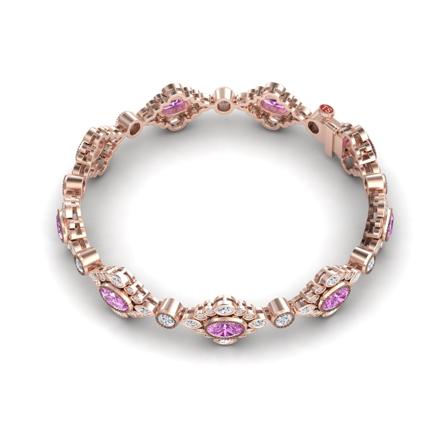 The Pink Sapphire & Diamond Vintage-Inspired Tennis Bracelet - Ariana showcases oval and round pink gemstones with clear diamonds in a linked floral design, elegantly arranged in a circle against a white background.