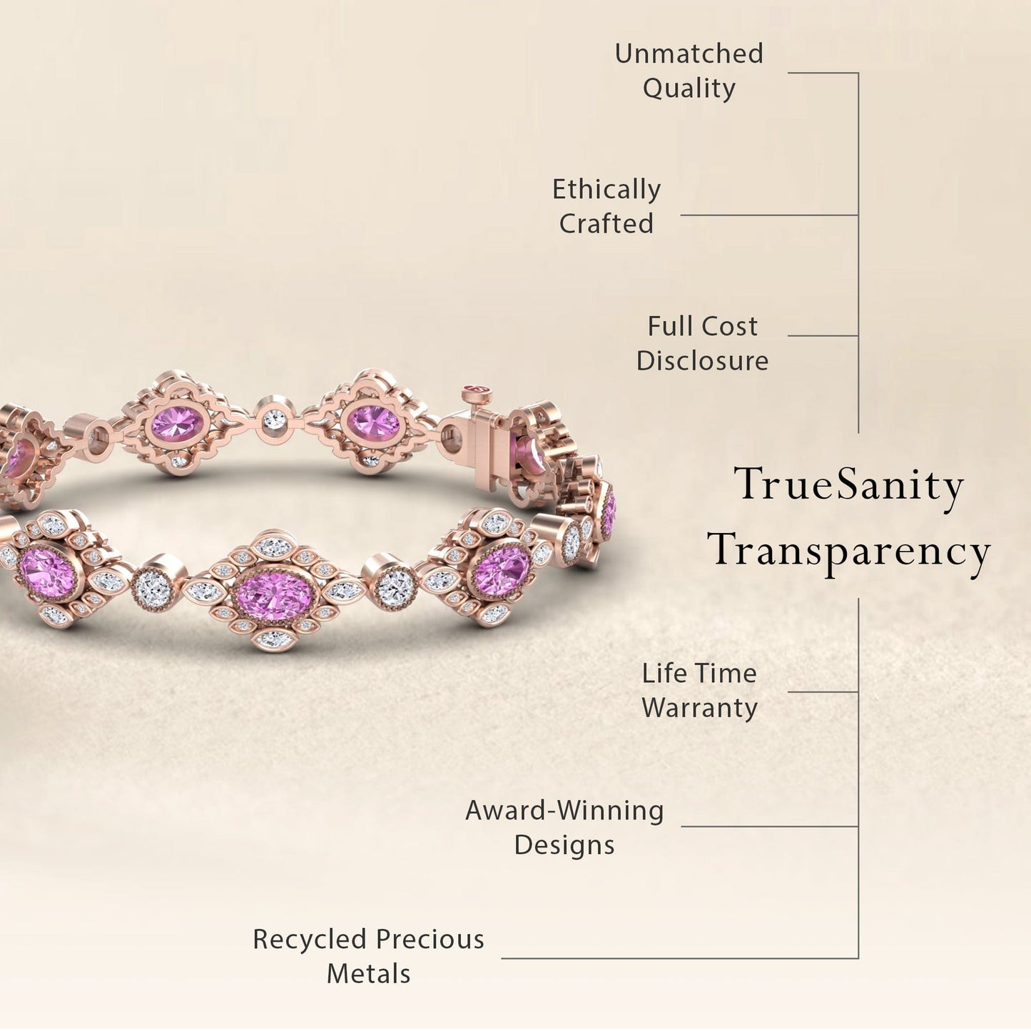 The Ariana Pink Sapphire & Diamond Vintage-Inspired Tennis Bracelet in rose gold features recycled precious metals, unmatched quality, ethical craftsmanship, lifetime warranty, award-winning design, and full cost transparency.