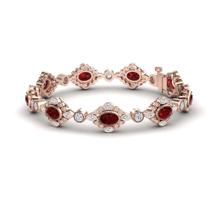 The Ruby & Diamond Vintage-Inspired Tennis Bracelet - Ariana features oval red gemstones and round white diamonds in an ornate rose gold design, displayed on a white background.
