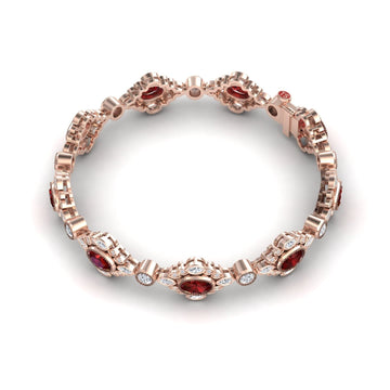 The Ruby & Diamond Vintage-Inspired Tennis Bracelet - Ariana features intricate links with oval red gemstones and sparkling white stones in ornate settings, showcased on a white background.