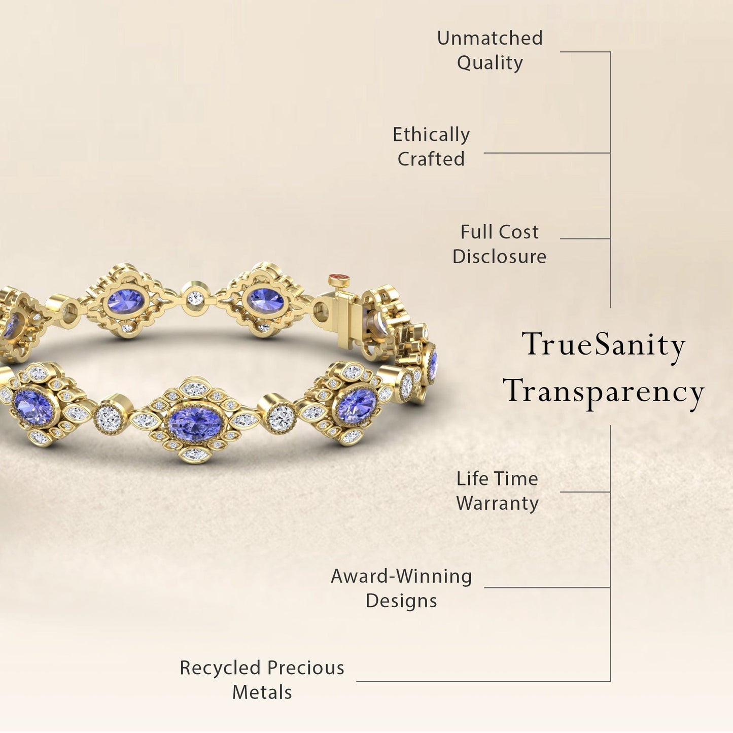 The Tanzanite & Diamond Vintage-Inspired Tennis Bracelet - Ariana is shown beside text noting unmatched quality, ethical crafting, full cost disclosure, a lifetime warranty, award-winning design, and recycled precious metals.