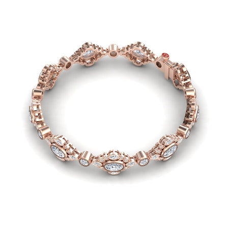 The Ariana White Sapphire & Diamond Vintage-Inspired Tennis Bracelet features intricate links, oval white sapphires in ornate patterns, and a small red accent stone near the clasp.