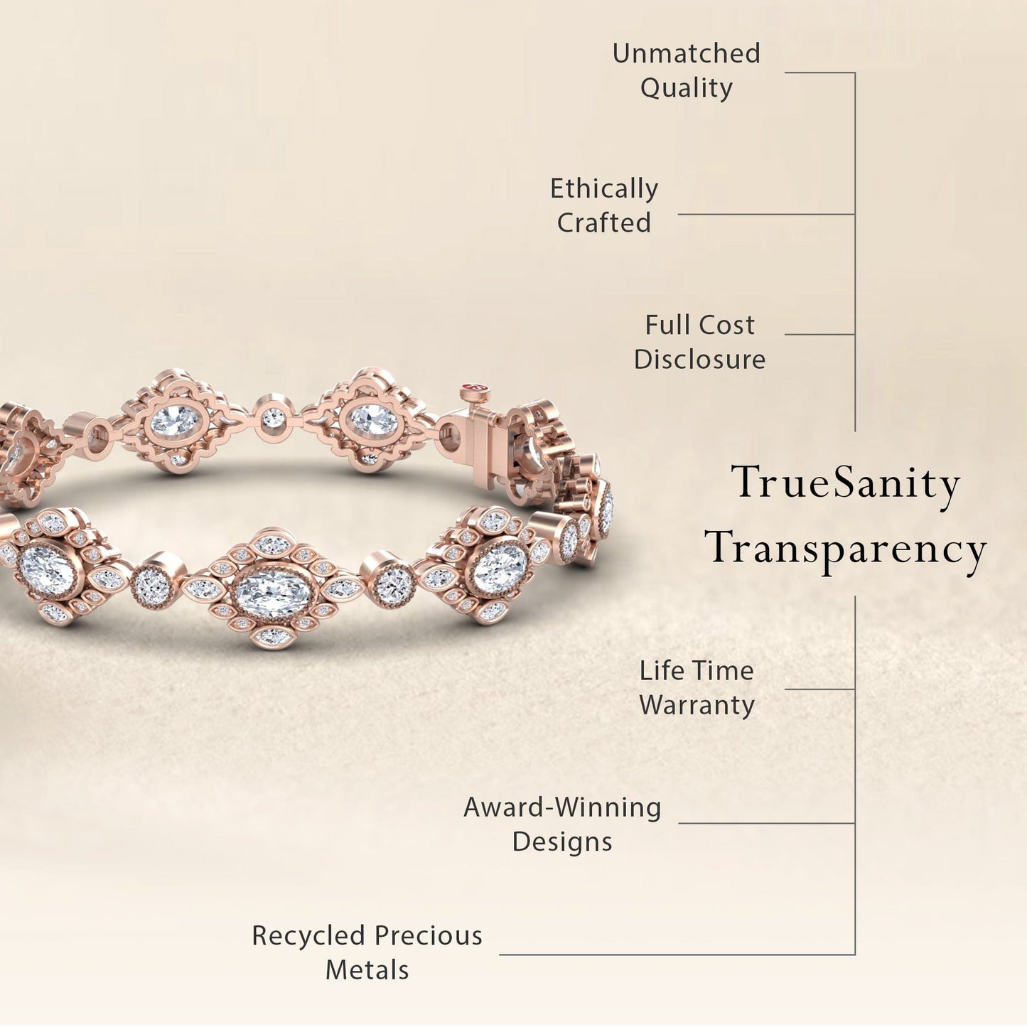 A White Sapphire & Diamond Vintage-Inspired Tennis Bracelet – Ariana is shown with text highlighting its unmatched quality, ethical craftsmanship, full cost transparency, lifetime warranty, award-winning design, and recycled precious metals.