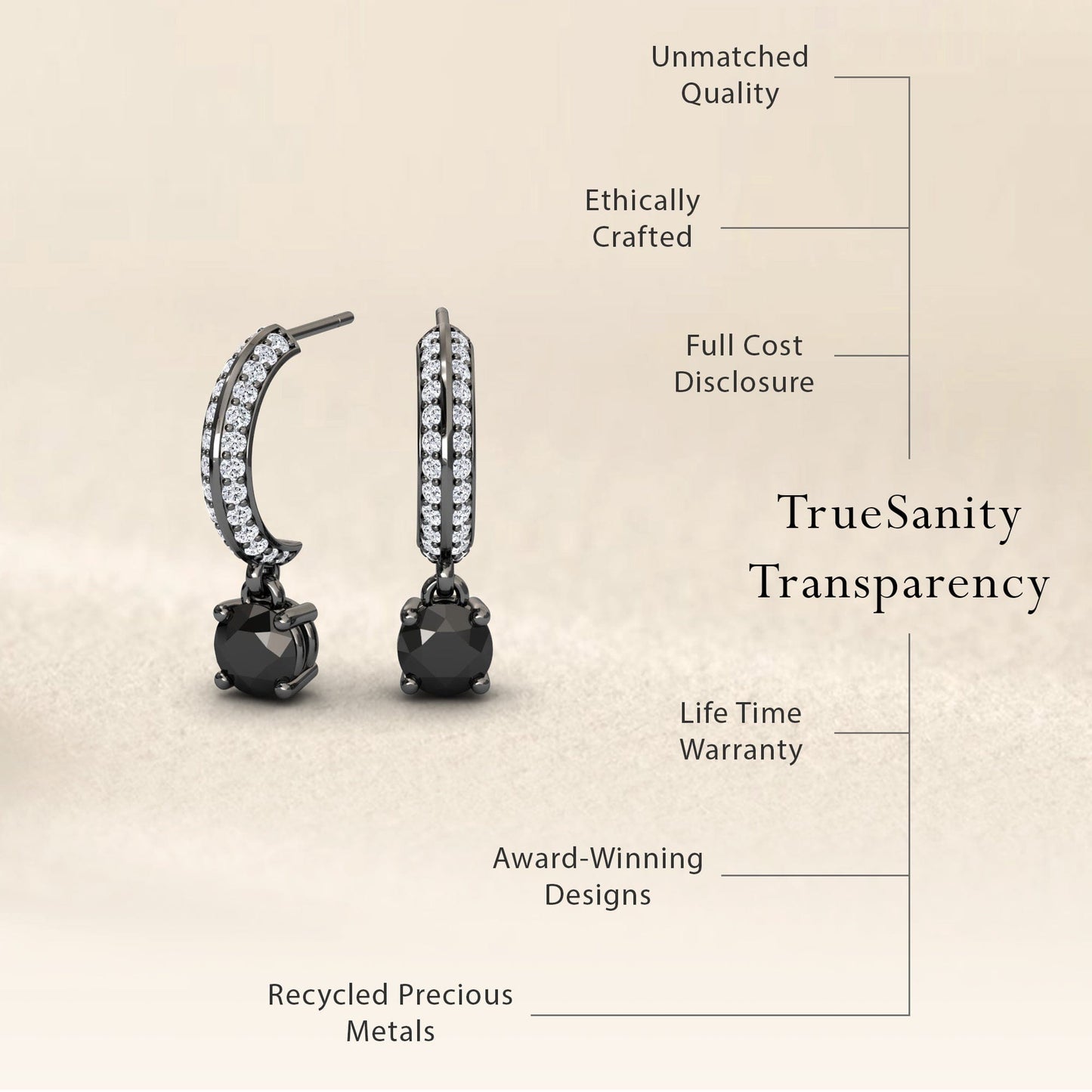The Black & Diamond Pave Drop Hoop Earrings - Serena feature black stones and clear gems, ethical crafting, recycled metals, full cost transparency, unmatched quality, a lifetime warranty, and an award-winning design.