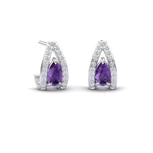 The Amethyst & Diamond Halo Huggie Earrings - Zahra feature teardrop-shaped amethysts at the center, surrounded by a sparkling diamond halo in an elegant open arch design.