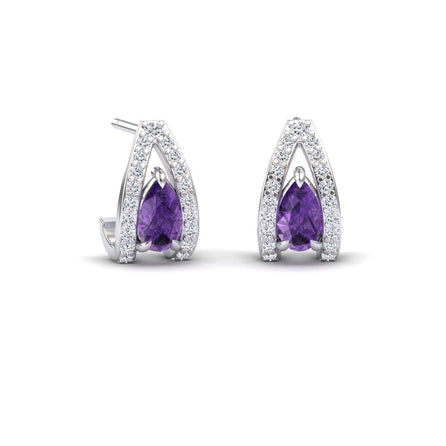 The Amethyst & Diamond Halo Huggie Earrings - Zahra feature teardrop-shaped amethysts at the center, surrounded by a sparkling diamond halo in an elegant open arch design.