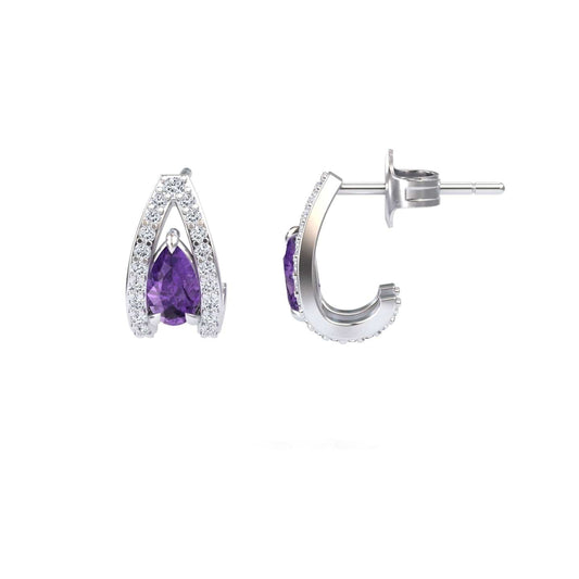 The Amethyst & Diamond Halo Huggie Earrings - Zahra feature teardrop-shaped purple amethysts at the center, surrounded by sparkling diamonds in a V-shaped design with a stylish stud and open hoop style.