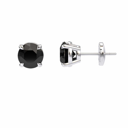The Black Diamond Stud Earrings - Gauri feature round black gemstones in four-prong silver settings, displayed from the front and side on a white background.