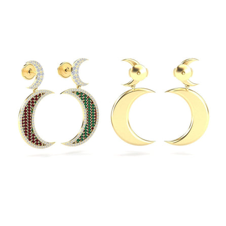Ruby & Emerald Crescent Moon Diamond Drop Earrings - Kailani