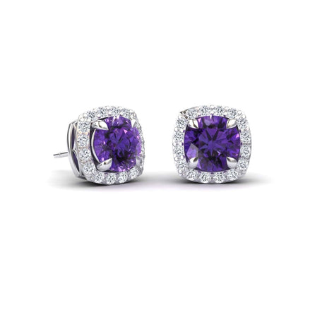 Amethyst & Diamond Halo Stud Earrings - Maggie