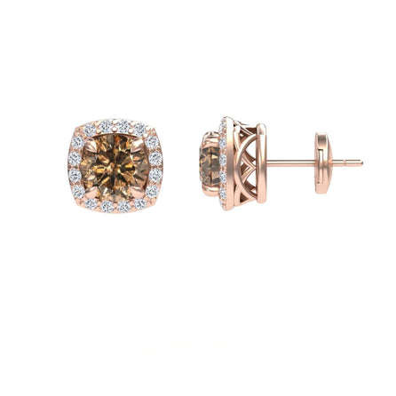 Brown & White Diamond Halo Stud Earrings - Maggie