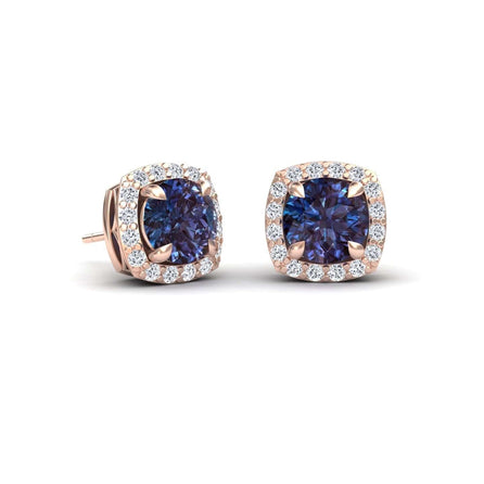 Lab Grown Alexandrite & Diamond Halo Stud Earrings - Maggie