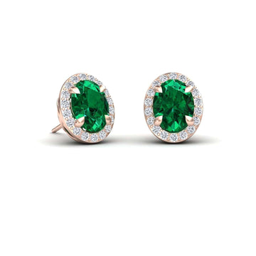 Lab Grown Emerald & Diamond Halo Stud Earrings - Nalini