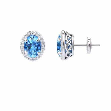 Swiss Blue Topaz & Diamond Halo Stud Earrings - Nalini