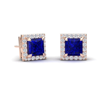 Lab Grown Blue Sapphire & Diamond Halo Earrings - Paige
