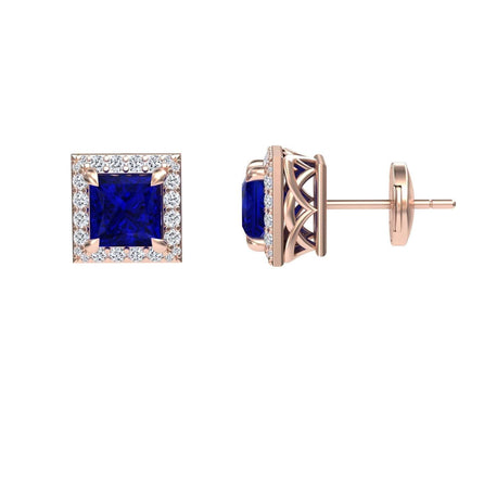 Lab Grown Blue Sapphire & Diamond Halo Earrings - Paige