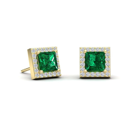 Emerald & Diamond Halo Stud Earrings - Yu