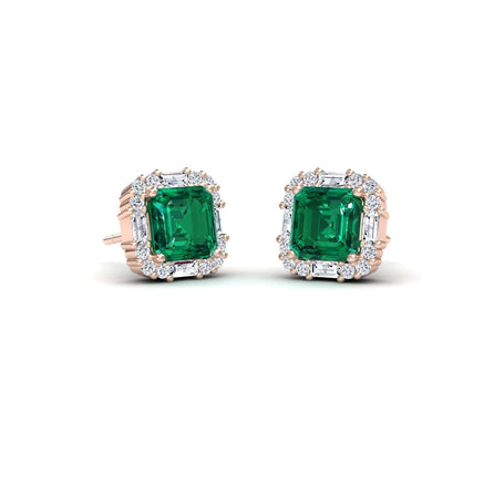 Lab Grown Emerald & Diamond Halo Stud Earrings - Elisa