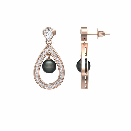 Black Akoya Pearl & Diamond Halo Drop Earrings - Kiran
