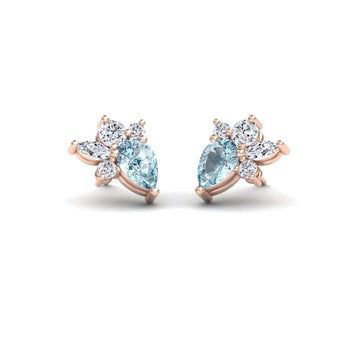 Aquamarine & Diamond Cluster Stud Earrings - Joan