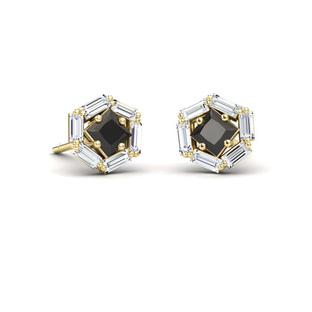 Black & White Diamond Hexagon Halo Stud Earrings - Kiara